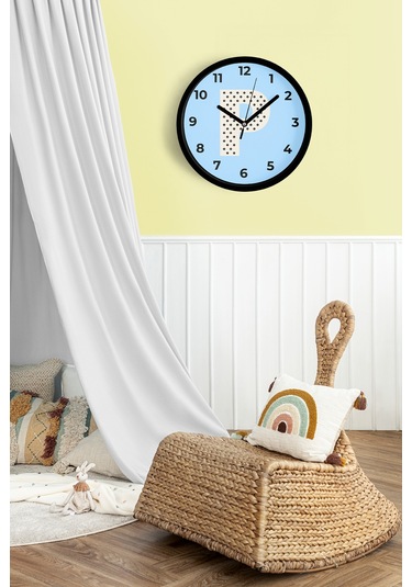 P Harfi Erkek Odası Duvar Saati - 25cm - Önü Camlı Siyah Kasa - Sessiz Mekanizma-jh0952 Siyah