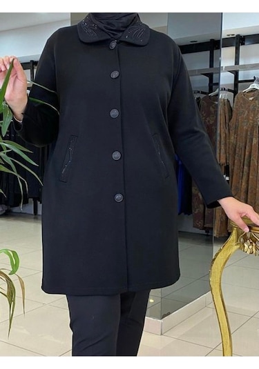 Çelik Örgü Düğmeli Yakalı Hırka Siyah