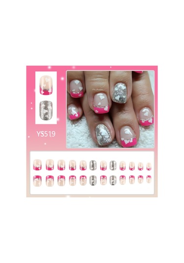 Kısa Parlak Aşk Gül Pembe Simli Tırnak Takma Tırnak Basit Günlük Tırnak Çıkartmaları 24 Parça Dahil Araçlar Ys519
