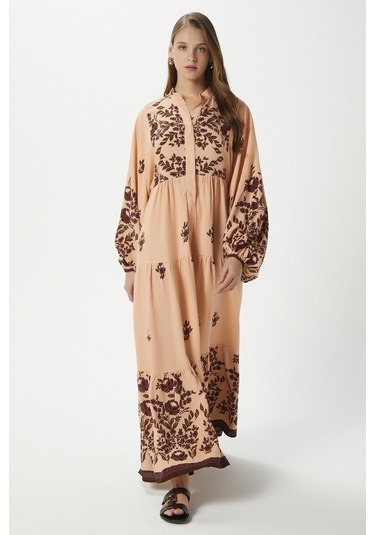 Modest Rosabella Pudra Kadın %100 Viskon Maksi Boy Katlı Balon Kol Uzun Yazlık Elbise Pudrasiyah