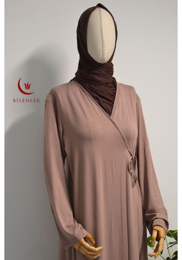 Kadın Yandan Bağlamalı Pamuklu Penye Namaz Elbisesi 38-48 Beden Vizon