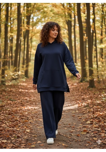 Soft&Basic Kapüşonlu Yanları Çıt Çıt Detaylı Sweatshirt Ve Nervürlü Pantolon Alt Üst Takım Lacivert