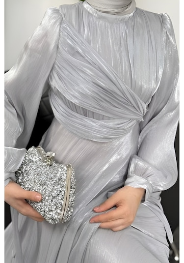 Kolu Bağlamalı Abiye Gri