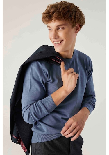 Regular Fit Koyu Mavi Tüylenme Yapmayan Bisiklet Yaka Triko Kazak Mavi