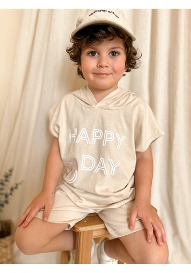 Kapüşonlu Yazlık Baskılı Takım 2404kpsnyzlyk Bej