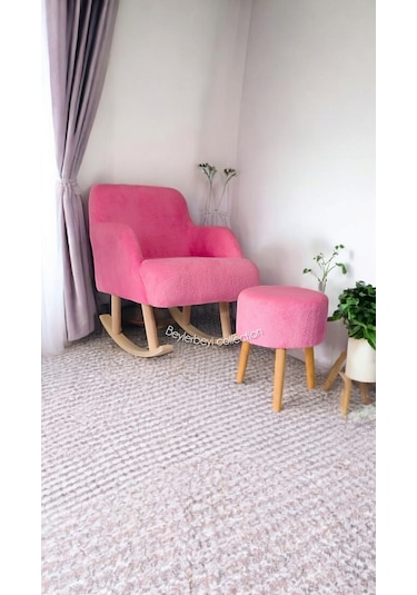 Sallanan Ahşap Ayaklı , Pembe. Rengi Berjer Koltuk - Puf Hediyeli Pembe
