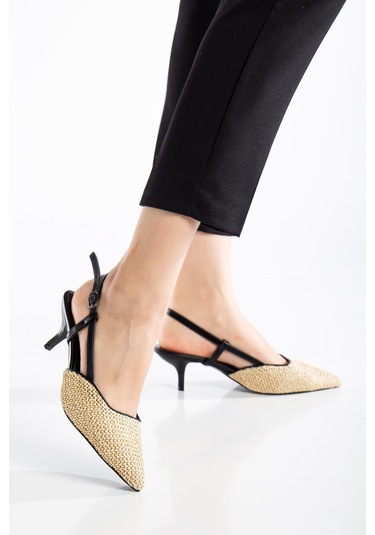 Kadın Kısa Topuklu Ayakkabı Siyah Hasır Malzeme İnce Topuk Yan Direkli-3794 Siyah