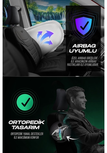 Siyah - Siyah Panda Manavgat Serısı Lakos Kumaş Oto Koltuk Kılıfı - Tam Set