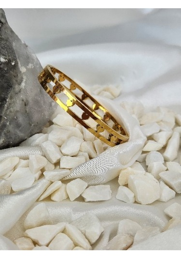 Eva Takı 316 l Çelik Kalp Model Zirkon Taşlı Altın Kaplama Gold Renkli Kelepçe Bileklik