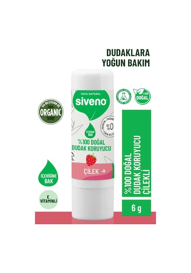 Siveno %100 Doğal Dudak Koruyucu Çilek Bitkisel Lip Balm Dudak Kremi Nemlendirici Parlatıcı Onarıcı 6 G