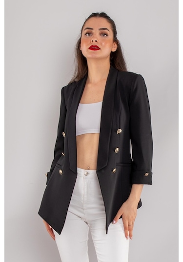 Ayhan Kadın Gold Düğme Detay Blazer Ceket 0599 Siyah Siyah