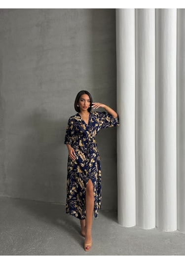 Kadın Kruvaze Yaka Yırtmaçlı Uzun Yazlık Elbise Lacivert