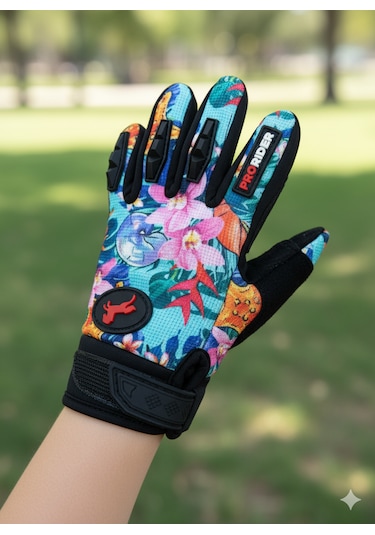 Çocuk Motosiklet & Bisiklet Eldiveni Çiçek Desenli - Güvenli Sürüş Için