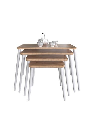 Selen 4lü Zigon Sehpa Ahşap Beyaz Ayaklı Salon Seti Çay Sehpası Çam