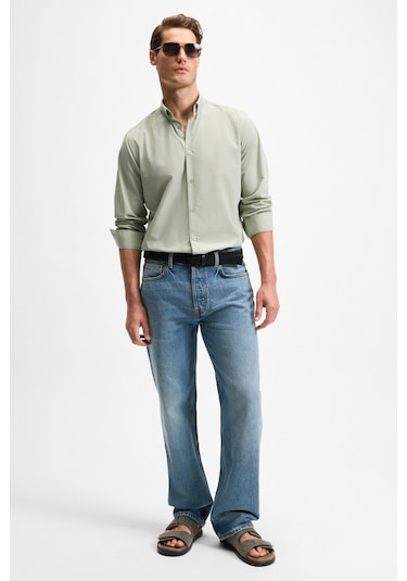 RISTO Erkek Düğmeli Yıkama Sonrası Ütü İhtiyacını En Aza İndiren Kumaş Gömlek Yaka Manşetli Yeşil Gö