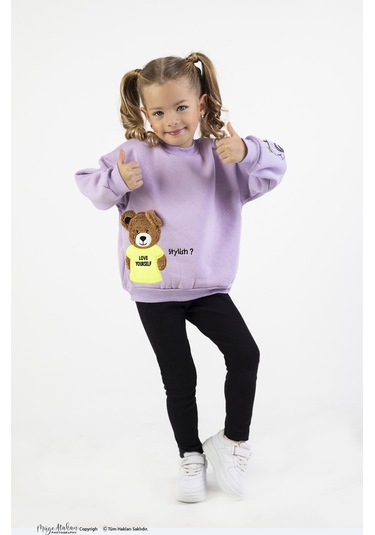 Kız Çocuk Orta Kalınlıkta Baskılı Örme Basic Taytlı Alt Üst Takımı Lila