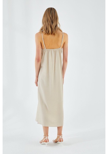 4252 Kadın İp Askılı V Yaka Elbise Taş Taş