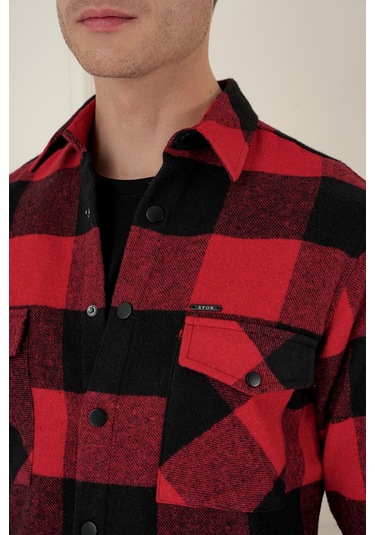 G 1579 Slim Fit Kırmızı-siyah Klasik Gömlek Kırmızı - Siyah