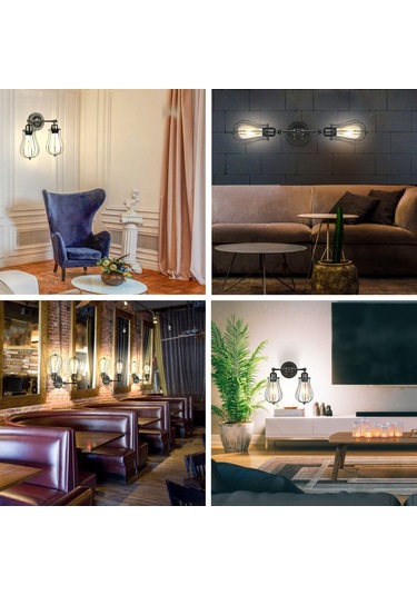 Leezsing Retro Çift Başlı Duvar Lambası - 60w E27 Soketli, Siyah 8'li Paket Siyah