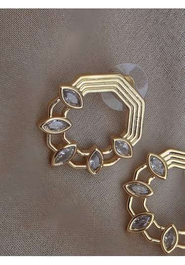 Mirror Damla Çiçek Figür Altıgen Model Çelik Küpe Gold