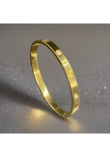 Altın Renk Parlak Taşlı Çelik Kadın Bilekliği-9044809808079 Gold