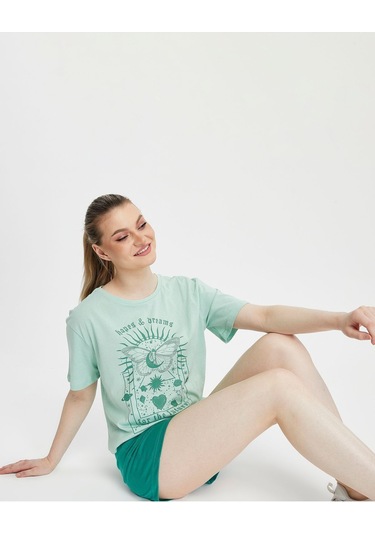 Bella Dossi Pamuklu Kısa Kollu Baskılı Kadın Şortlu Yazlık Pijama Takımı Mint Mint Yeşili