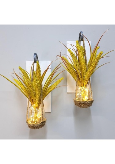 Duvar Dekoru, Led Işıklı, Sarı Cipso Çiçekli, Beyaz Aplik İkili Set