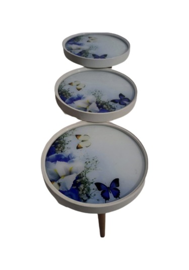 Zigon Sehpa Çember Mavi Kelebek Model Kayın Retro Parlak Ceviz 3