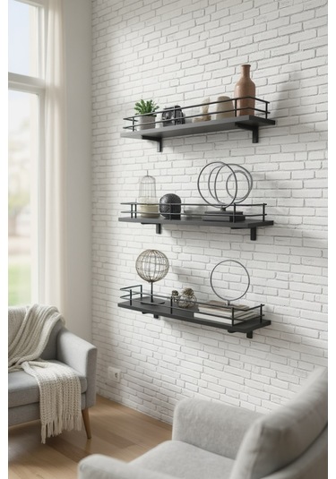 Modern Tasarımlı Metal Korkuluklu Siyah Ahşap Duvar Rafı Üçlü Siyah