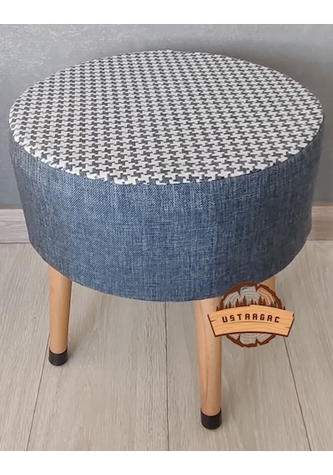 Puf Koltuk Tabure - Lacivert Keten Örme Kaz Ayağı - Ahşap Gürgen