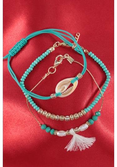 3lü Deniz Kabuklu İncili Püsküllü Asansörlü Lastikli Turkuaz İp Bileklik. Kadın İp Bileklik Halhal Çok Renkli
