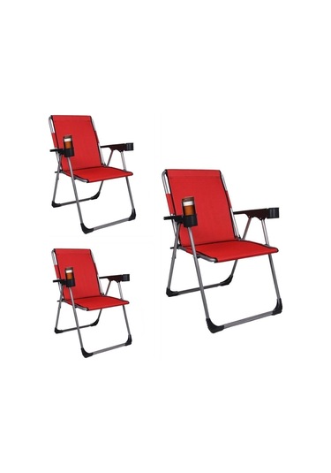 Alin Metal Kamp 3''lü 140 Kg Taşima Kapasiteli Lüks Bardaklıklıp Kamp & Piknik Sandalyesi Ssd-03 Kırmızı