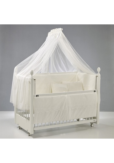 Meltem Kids Kral Sallanır Ahşap Anne Yanı Beşik 60 x 120 CM Beyaz - Krem