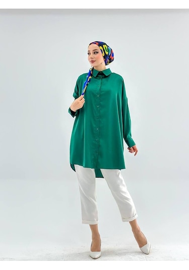 Vioshine Vıoshıne Kadın Oversize Saten Gömlek-yeşil Yeşil