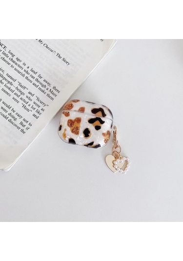 Apple Airpods 3. Nesil İle Uyumlu Kılıf Kalp Leopar Taş Kiraz Desenli Fiyok Tutmalı Kılıflar Gold