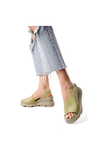 Elit Lyna Kadın Hakiki Deri Dolgu Topuk Sandalet Yeşil Yeşil