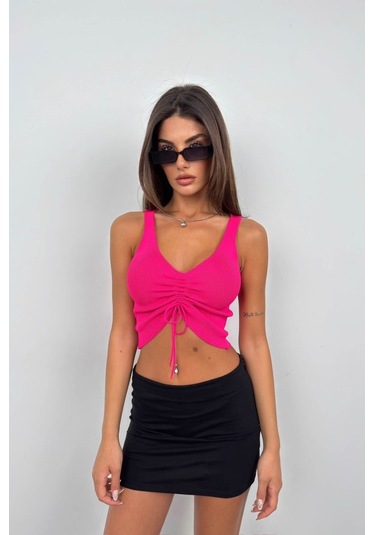 Leyla Sanat Sanata Yeni Bir Bakış Açısı Ön Büzgülü Crop Bluz FUŞYA