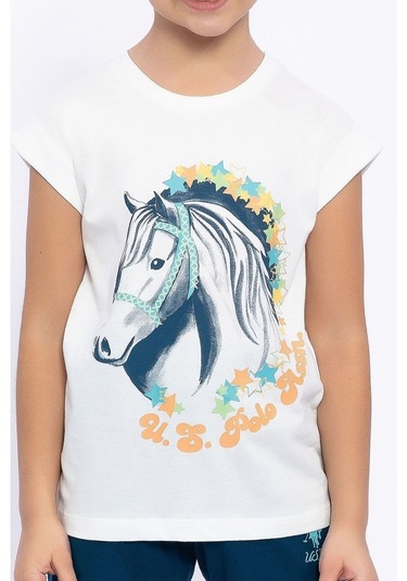 Us Polo Assn 1049 Pamuklu Kısa Kol Kız Çocuk Şort Pijama Takımı (537689018) Beyaz