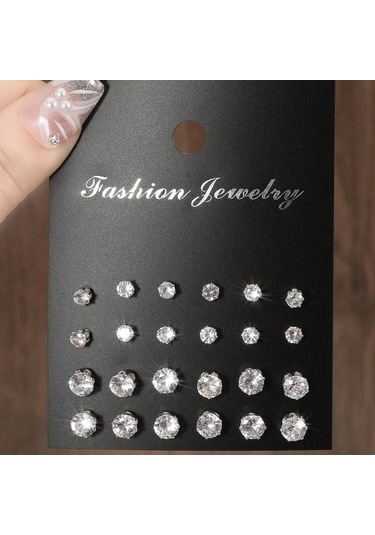 Flybuy 12'li Zirkonlu Gümüş Küpeler: Şık, Parlak, Çiftlere Özel, 4-6mm, 1.5cm Gümüş