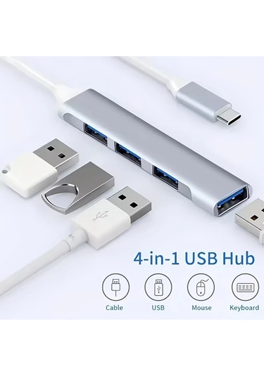 Hightower Gri 4'ü 1 Arada Usb 3.0 Hub Usb-c Adaptörlü Hızlı Veri Aktarımı