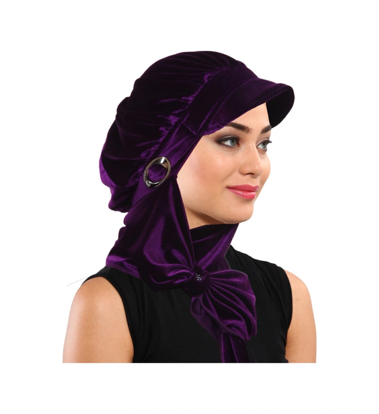Kadife Şapka Atkılı Toka Detaylı Mor Hazır Türban Tesettür Bone Mor