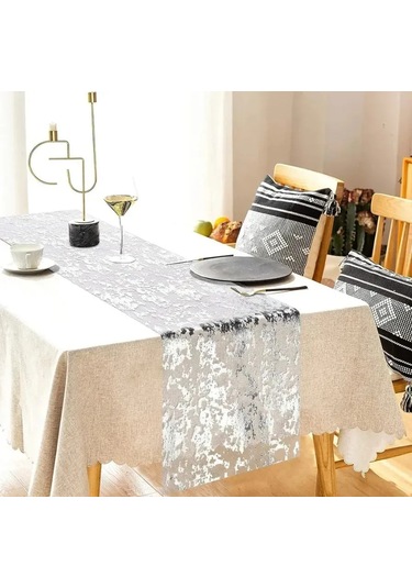 Xindoker Lüks Masa Örtüsü: 28x270 Cm Sentetik Malzeme, Altın Folyo Desenli, Dayanıklı Ve Şık Dekorasyon Gümüş