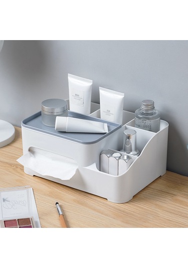 Dofolink Büyük Kapasiteli Gri-beyaz Dikdörtgen Masaüstü Organizer - 5 Bölmeli Mendil Ve Küçük Eşya Saklama Kutusu Beyaz