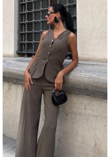 Arkası Bağcıklı Yelek Plazza Pantolon Modal Takım 10202-08 Haki