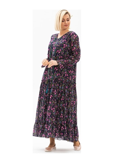 Uzun Kol Vual Gonca Uzun Elbise Tomurcuk Desen Koyu Mor 6169-koyu Mor