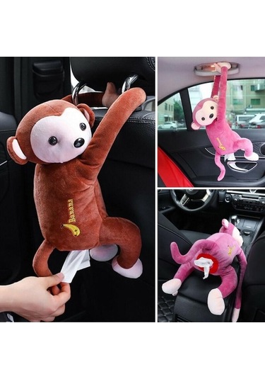Pembe Yaratıcı Karikatür Maymun Araba Asılı Kağıt Peçete Doku Kutusu Tutucu Taşınabilir Ev Ofis Kağıt Kutusu Pembe