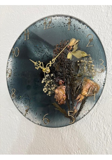 Pelince - Kuru Gül Ve Doğal Çiçekli - Siyah - Epoksi Duvar Saati Özel Tasarım - Tek Üretim - 30 Cm Siyah