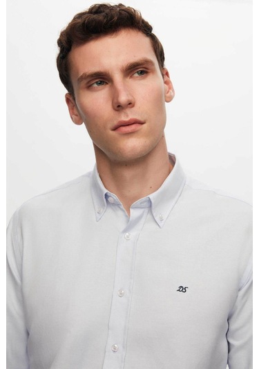 Ds Damat Slim Fit Mavi Oxford Düğmeli Yaka Kolay Ütülenebilir Nakış Detaylı Pamuklu Gömlek 4HC02ORT03265 Mavi