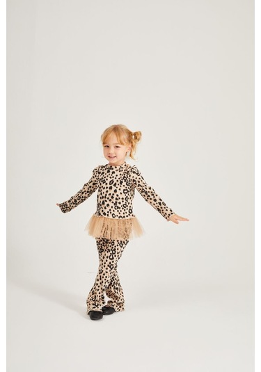 Kız Çocuk Leopar Desenli 2 Li Takım Tütü Detaylı Üst & Pantolon Leopar