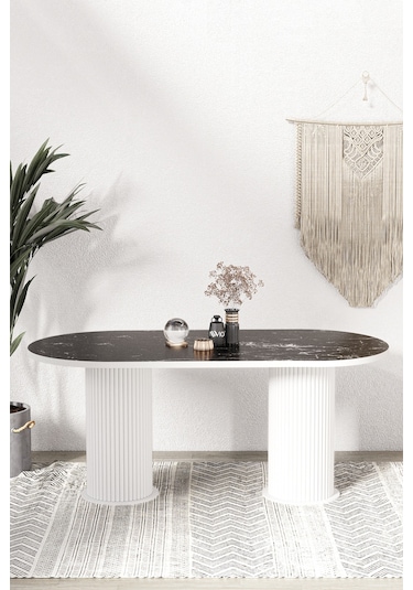 Avvio Kiev Ptt Lake Mdf Beyaz Ayakli 80x160 Mutfak Masasi Yemek Masasi Siyah Mermer